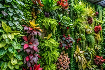 Fototapeta premium Lush vertical garden displaying a vibrant tapestry of diverse greenery and colorful foliage