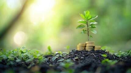 A green plant growing from a pile of coins in a lush, green environment with a blurred background.