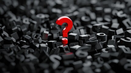 A red question mark in a sea of black letters, with a black background.