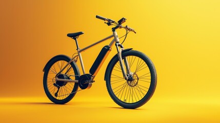 Fototapeta premium A sleek, modern electric bicycle with a black frame and orange accents, parked against a vibrant yellow background.
