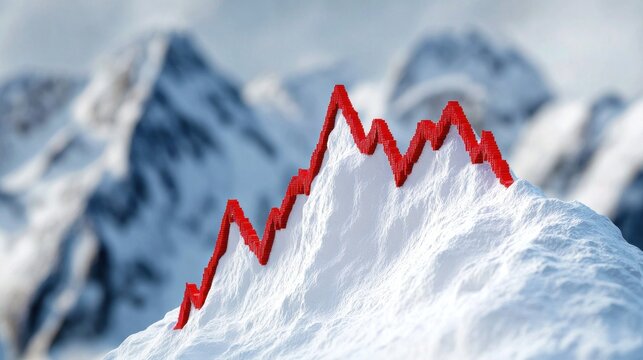 A red arrow pointing downwards on a snowy mountain peak, symbolizing a decline or decrease in value.