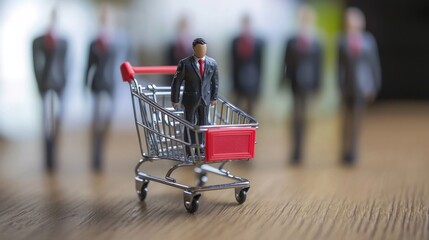 A miniature man in a suit standing in a shopping cart with a red handle.