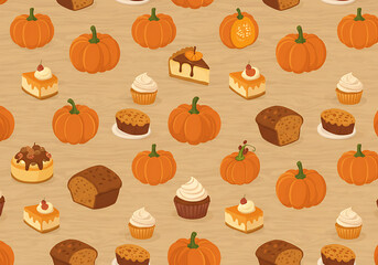 Autumnal Pattern of Pumpkins Cakes and Breads on Wooden Surface.