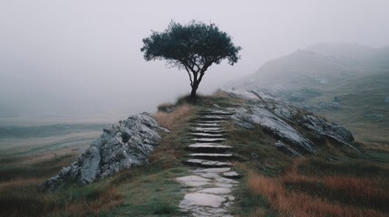 A solitary tree stands at the top of a rocky pathway surrounded by misty hills and muted grassland under a gray foggy sky.
