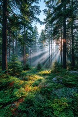Fototapeta premium Sunlight streams through misty forest (1)
