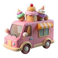 Pink ice cream truck with cupcakes isolated on white background