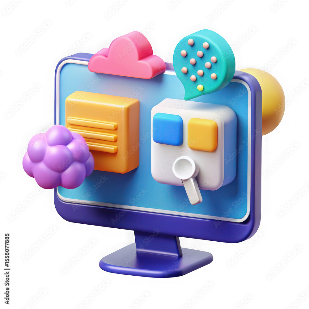 Poster colorful 3d computer monitor icon with various elements, isolated on transparent background