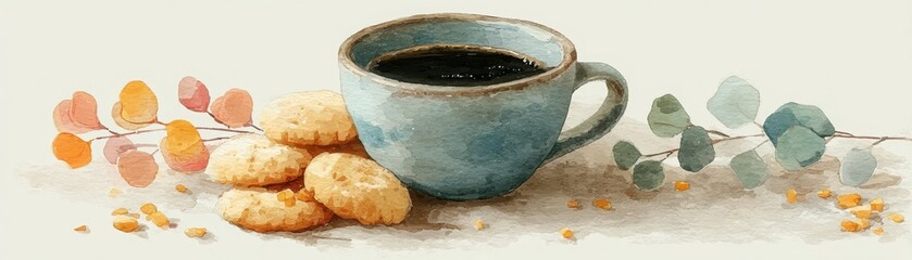 Fototapeta premium A watercolor painting of a blue cup filled with black coffee, accompanied by three cookies and decorative eucalyptus branches on a light background.