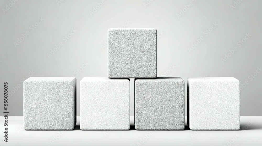 Poster several stacked cubes in a grayscale color scheme.