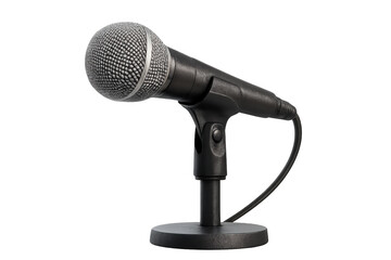 Studio microphone on a small round base, isolated on transparent background, ready for recording or podcasting