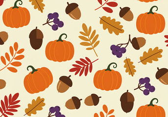 Autumnal Pattern with Pumpkins Acorns Berries and Colorful Leaves.