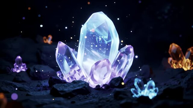 Vibrant Purple Blue and Orange Crystals Illuminate Dark Landscape Creating Magical Atmosphere Display Adobe Stock Photo