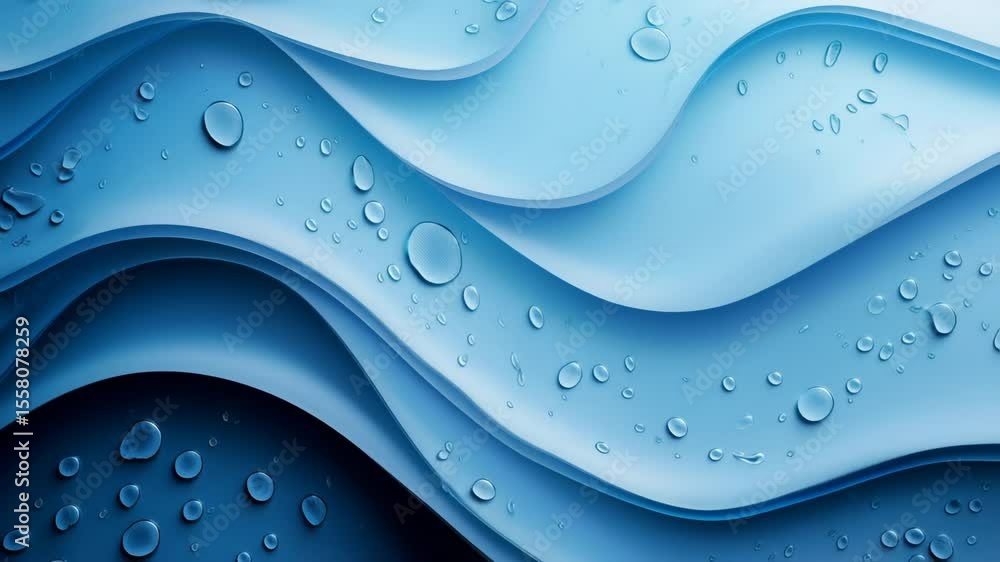 Poster abstract blue waves with water droplets creating a dynamic liquid surface.