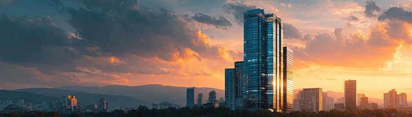 Obraz premium A panoramic view of a city skyline at sunset with modern skyscrapers reflecting warm light under a dramatic cloudy sky.