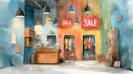 A cozy vintage shop interior with colorful hanging clothes, wooden counters, and bright red "SALE" signs under warm pendant lights.