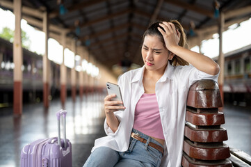 Asian woman holding phone looking stressed as sitting hand support head on wooden bench at train...