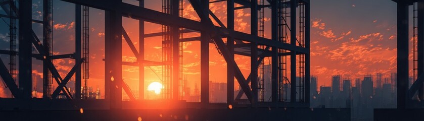 Fototapeta premium A city skyline at sunset is viewed through the steel framework of an unfinished building under construction.