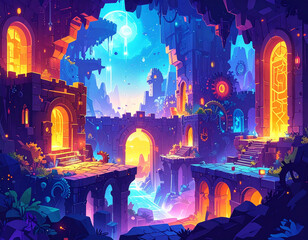 Obraz premium Intricate Cartoon Puzzle Game World: Colorful Interlocking Blocks, Glowing Conduits & Mysterious Portals. Intellectual Challenge, Geometric Shapes, No Characters