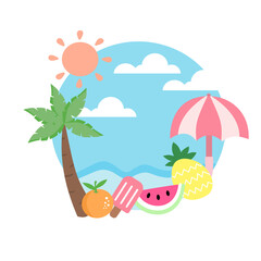Tropical Summer Beach Vector Illustration with Fruits, Palm Tree, and Sun
