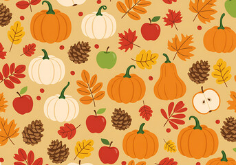 Autumnal Pattern with Pumpkins Apples Pinecones and Colorful Leaves on Beige Background.