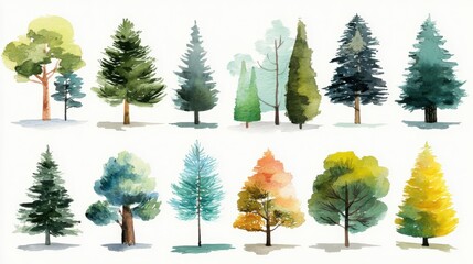 Watercolor illustration depicting a variety of 14 different tree types with unique shapes and colors, showcasing diverse foliage and seasonal changes.