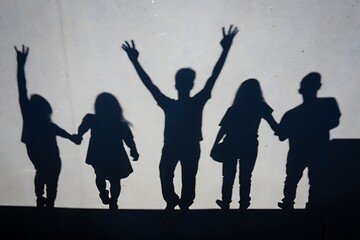 Fototapeta premium Shadows of people with raised arms on a wall in a celebratory mood