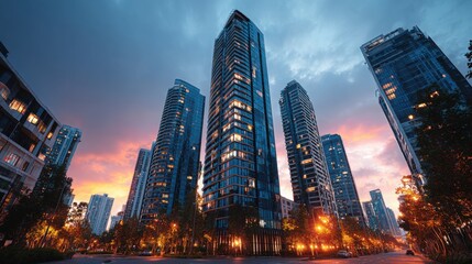Modern skyscrapers tower over a cityscape at sunset, with a dramatic sky and illuminated streets below.