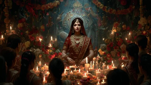 Photorealistic depiction of Durga surrounded by devotees in a vibrant, candlelit setting, evoking reverence and devotion. Inspired by Hindu mythology, celebrating strength and femininity.