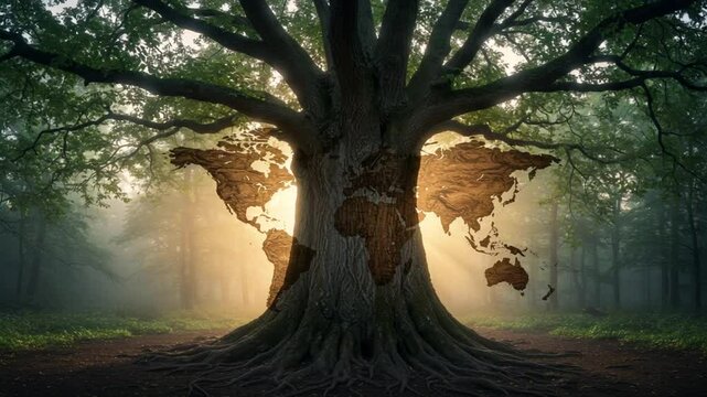 Majestic tree with world map carved into trunk, glowing light