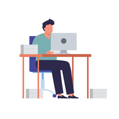 Fototapeta premium Busy businessman working on computer with pile of papers, holding a paper task, flat vector illustrations.
