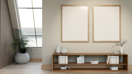 White blank frames hangs over wooden bookshelf at the end of corridor or hallway with a slope window