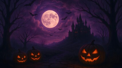 Fototapeta premium Spooky Halloween Night Scene with Castle Pumpkins Bats and a Full Moon
