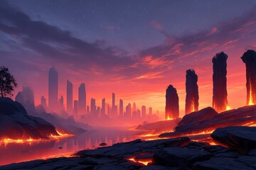 Sunrise over a lava city