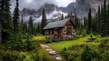Mountain Cabin Landscape Stone Structure Evergreen Forest and Majestic Peaks 