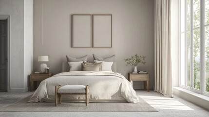 A calming bedroom with beige and soft gray tones