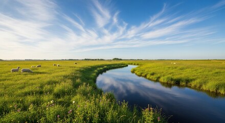 Obraz premium Serene pastoral landscape with grazing sheep, winding river, and dramatic cirrus clouds