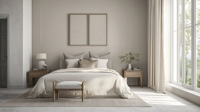 A calming bedroom with beige and soft gray tones