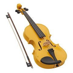 Fototapeta premium Yellow Violin and Bow – 3D Render of Stringed Musical Instrument and Artistic Expression, Isolated on White or Transparent Background