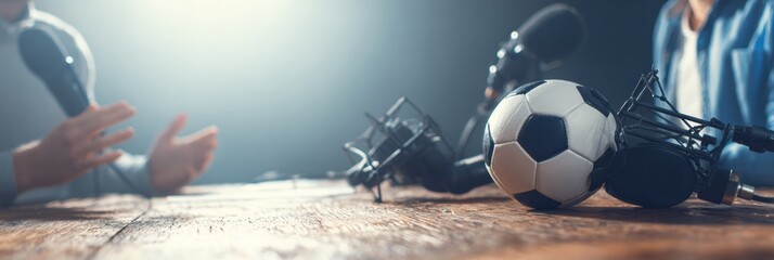 World Sports Journalists Day Conversation Enthusiastic Friends Podcasting Soccer Stories with Modern Tech - Autumn Halloween and Black Friday Marketing Trend