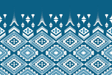 Southeast Asian traditional textile pattern, Lao or Isan style, intricate geometric shapes (diamond, triangle, square), repeating symmetrical design, teal blue background with white details, elements 