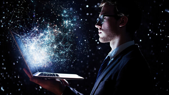 A businessman once held a virtual network in his hand--a concept of digital technology and global connectivity through data connections--and at another moment, he held a MacBook Pro.