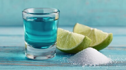 National Anisette Day Celebration with Vibrant Tequila Shot, Lime and Salt on Rustic Wood Cinco de Mayo and Summer Fest Promotion Trend