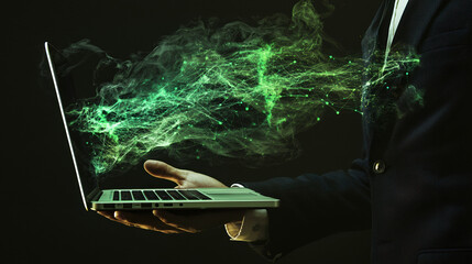 A businessman once held a virtual network in his hand--a concept of digital technology and global connectivity through data connections--and at another moment, he held a MacBook Pro.