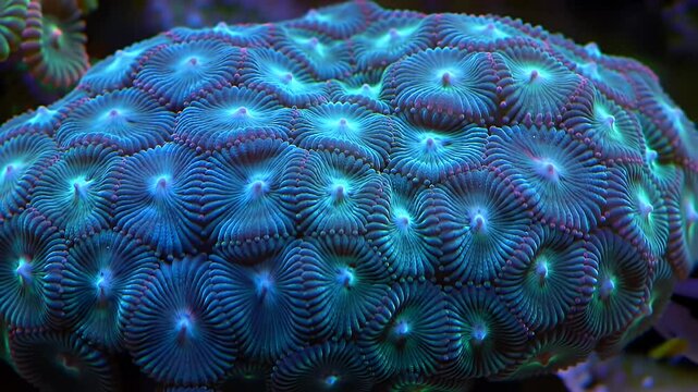 Detailed Close Up of a Vibrant Blue Coral with Intricate Circular Patterns Forming a Stunning Marine Undersea Wildlife