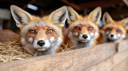 Fototapeta premium A group of red foxes in a wooden enclosure on a straw bed being treated at a wildlife shelter