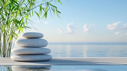 Obraz premium Zen stones balanced on a wooden platform by a serene body of water with a bamboo plant in the background.