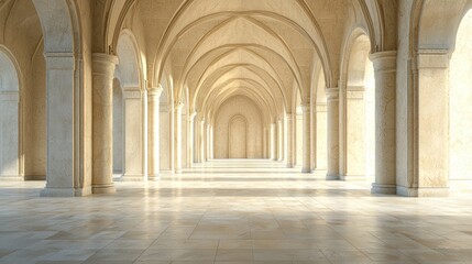 Fototapeta premium A grand, spacious, and elegant stone corridor with arches and columns, illuminated by natural light, featuring a beige and white color scheme, and a serene and peaceful atmosphere.