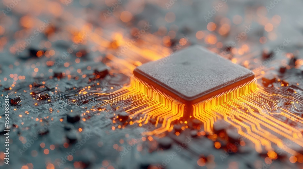 Poster Quantum Analytics AI Chip on Futuristic Circuit Board with Glowing Digital Lines - Next-Generation Computing Power for Electronics Industry