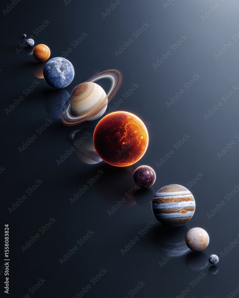 Poster Futuristic Planet Alignment of Solar System in Detailed Cosmic Space Showing Celestial Order for Science Education and Digital Space Exploration