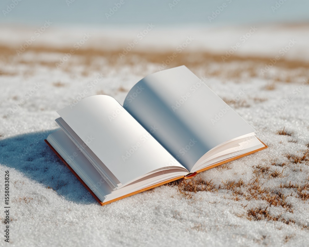 Aufkleber minimalist open blank book on natural snow and dry grass texture symbolizing winter creativity and o